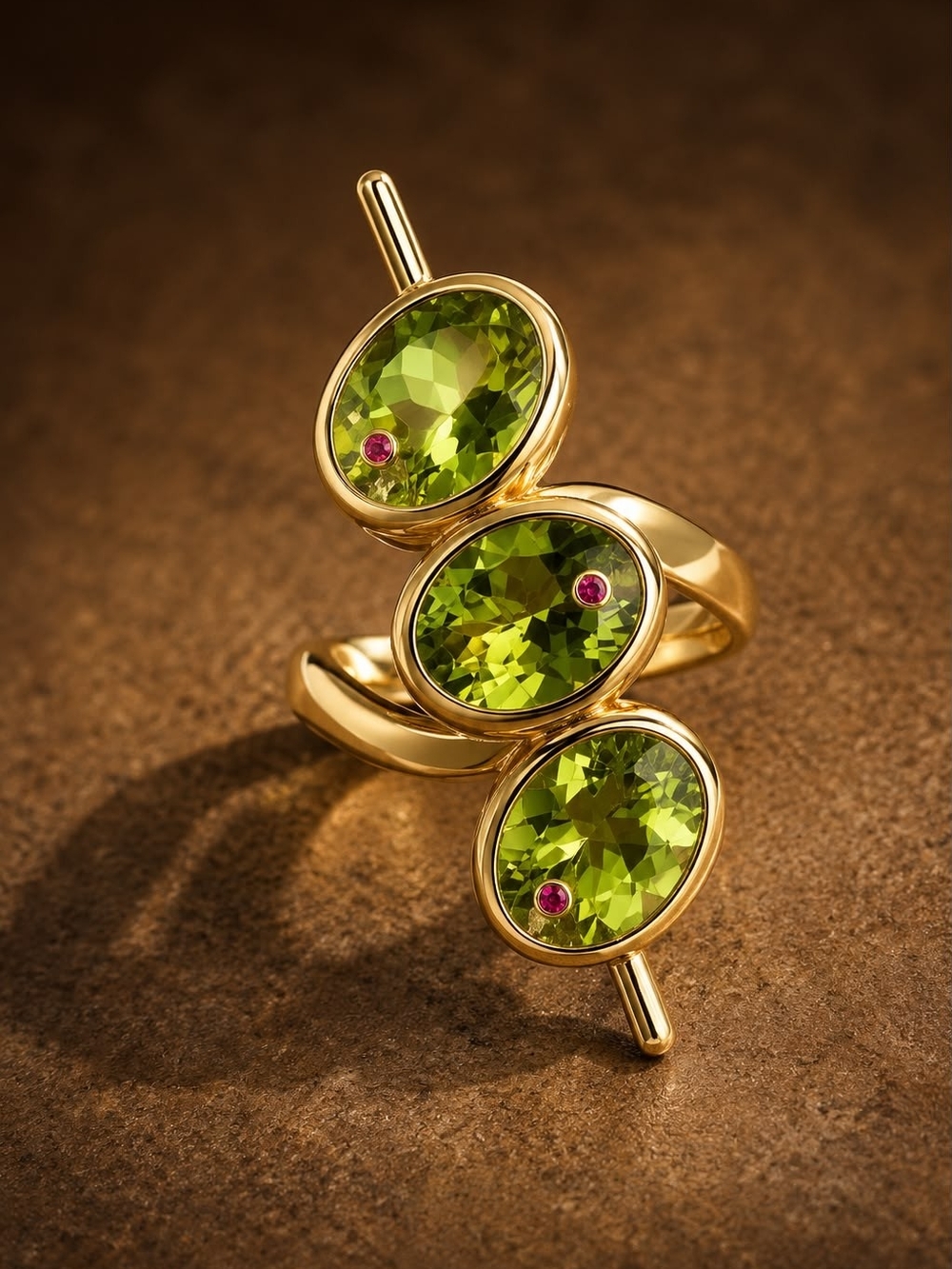Gold Ring with Bright Peridot Trio - Picture 5 of 6